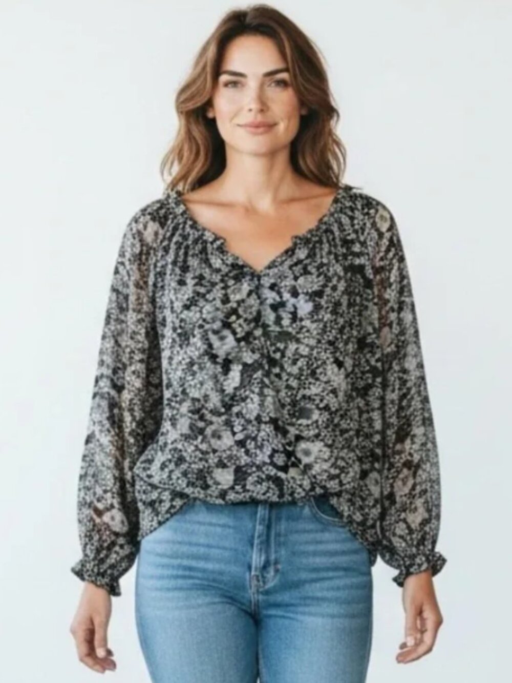 CAbi Size Medium Green/Gray Polyester Floral Peasant Blouse Style #3765